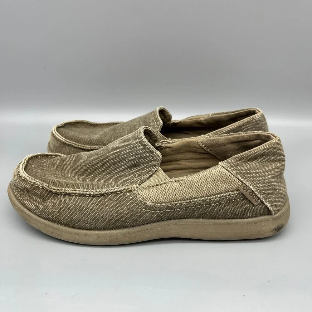 Crocs Santa Cruz Canvas Slip On Loafers Khaki Tan Moccasins J6 Kids‎